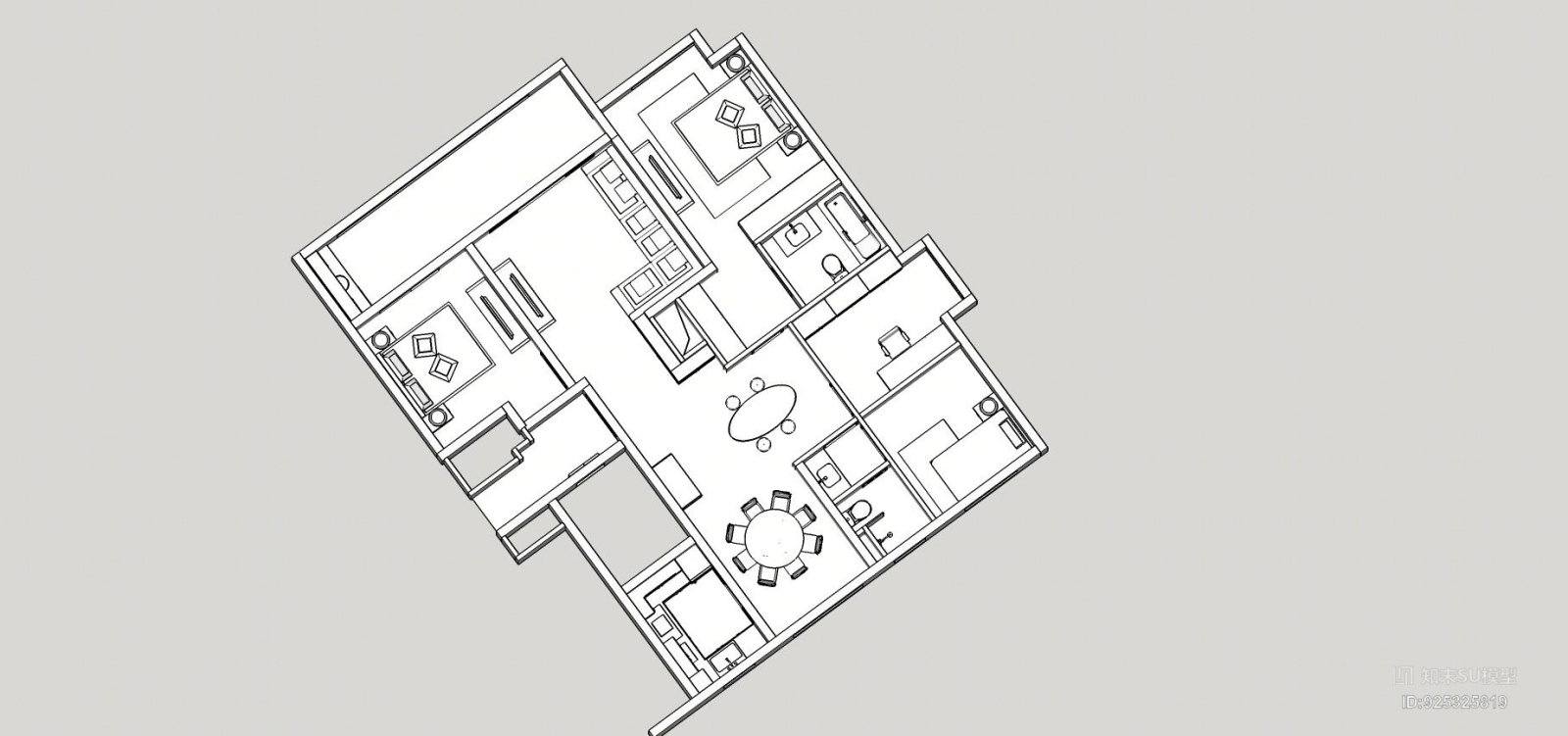 某户型平面及室内家具布置SU模型下载【ID:925325819】