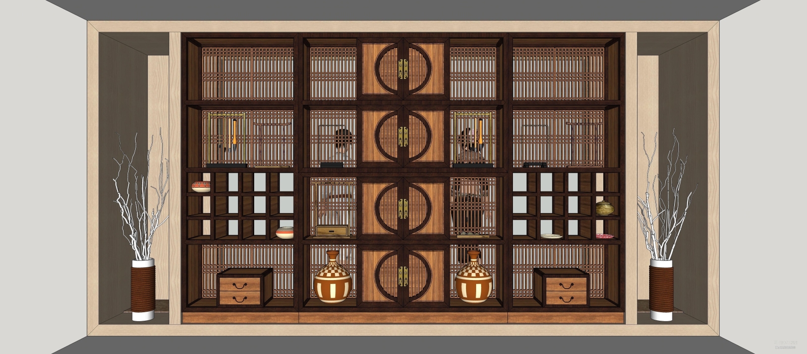 中式展示柜-货架-书柜-条子橱柜SU模型下载【ID:225326568】