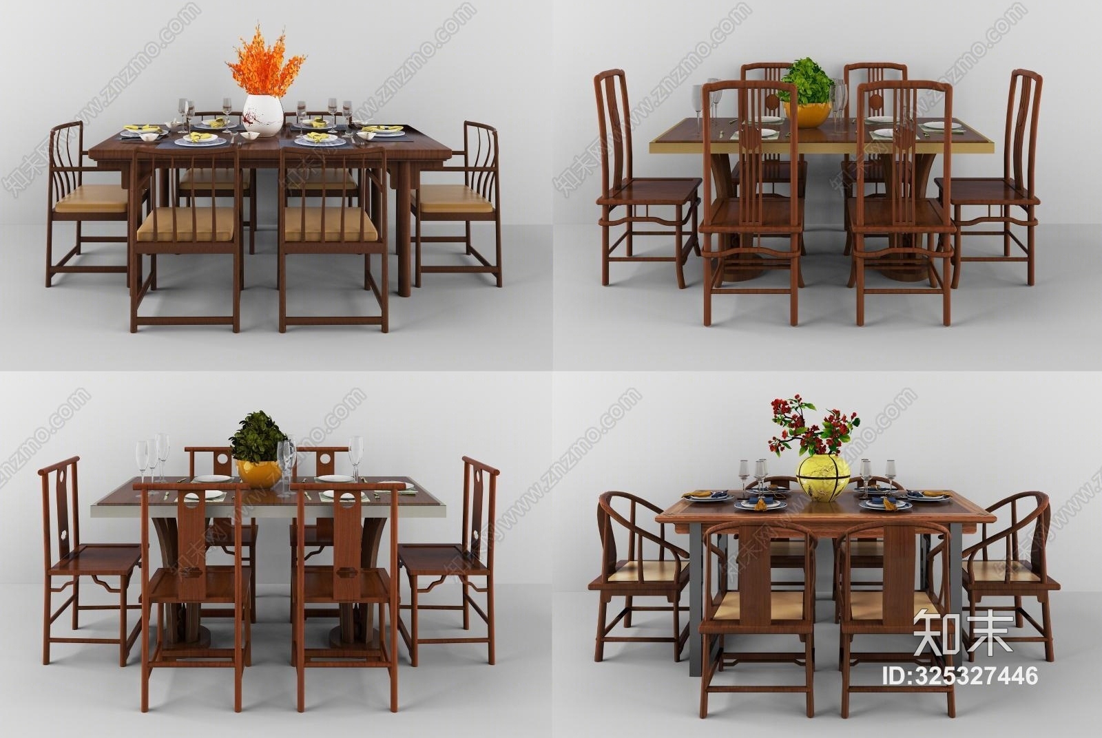 新中式餐桌方桌组合模型3D模型下载【ID:325327446】