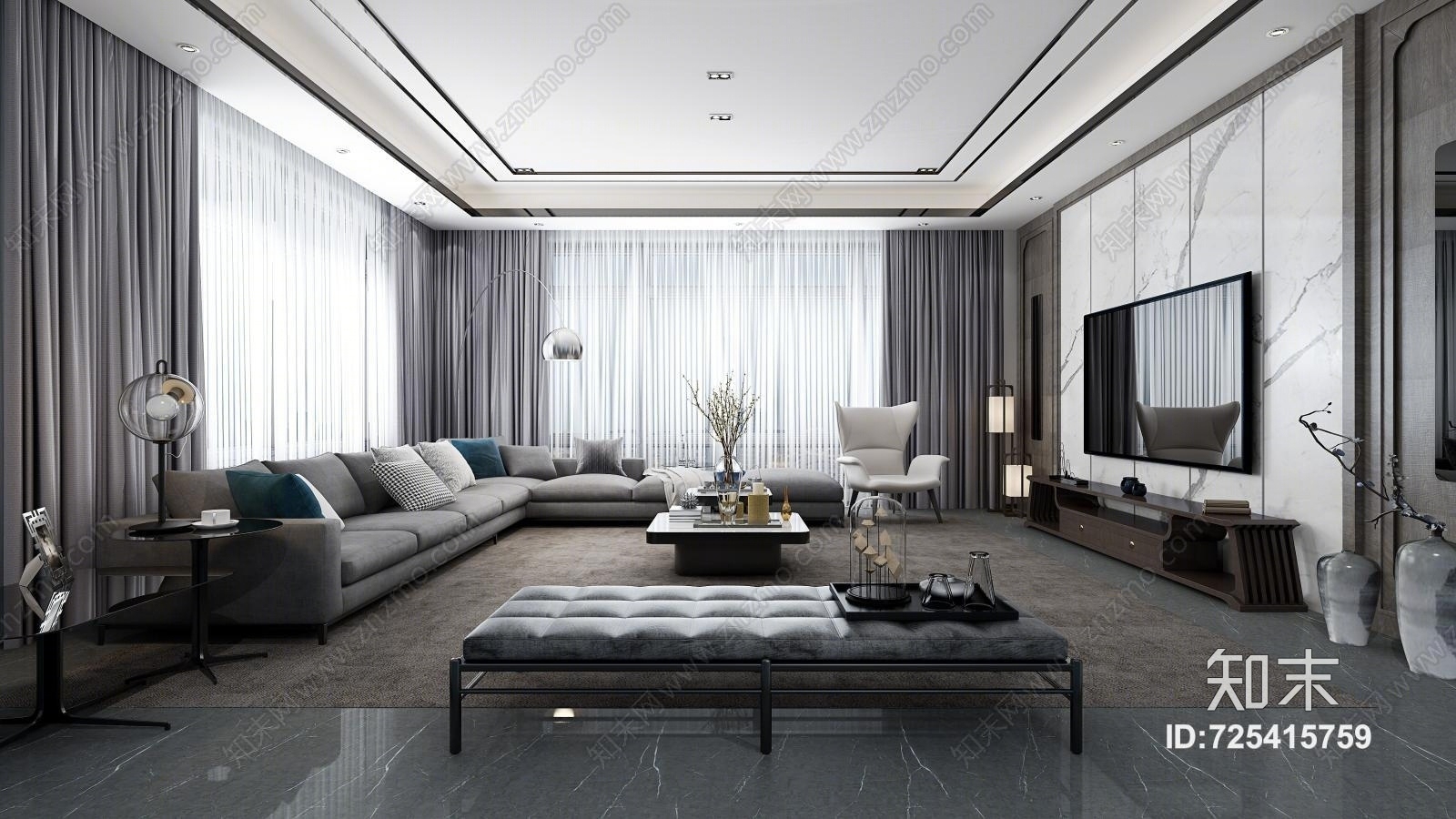 现代简约奢华客厅3D模型下载【ID:725415759】