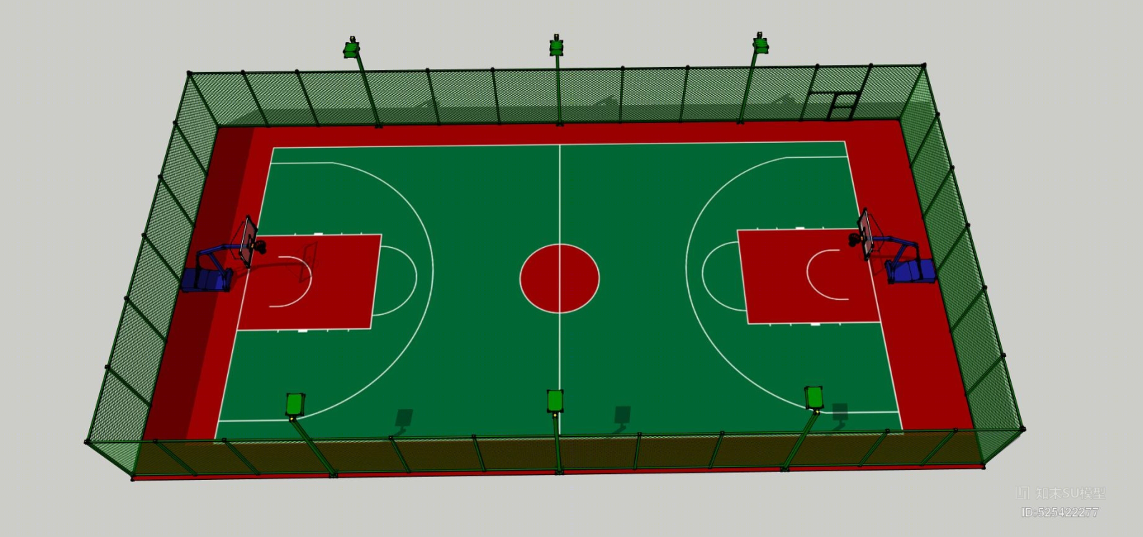 标准的篮球场带铁丝网围栏SU模型下载【ID:525422277】