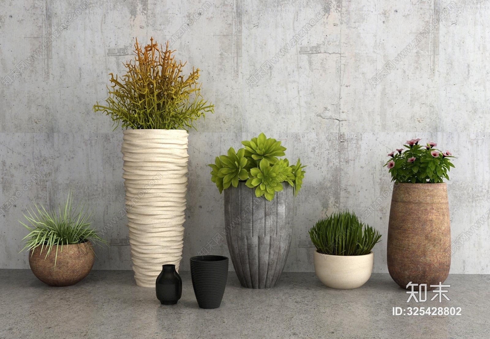 现代石材绿植花卉盆栽组合3D模型下载【ID:325428802】