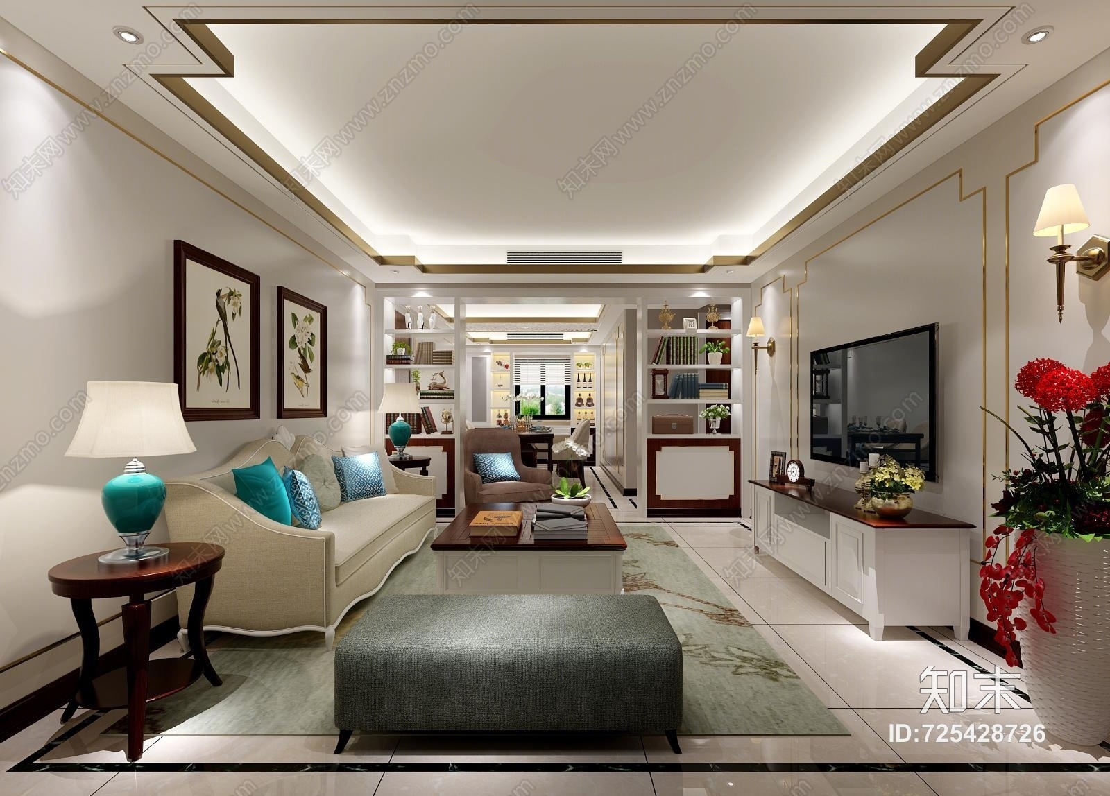 简约中式客餐厅3D模型下载【ID:725428726】