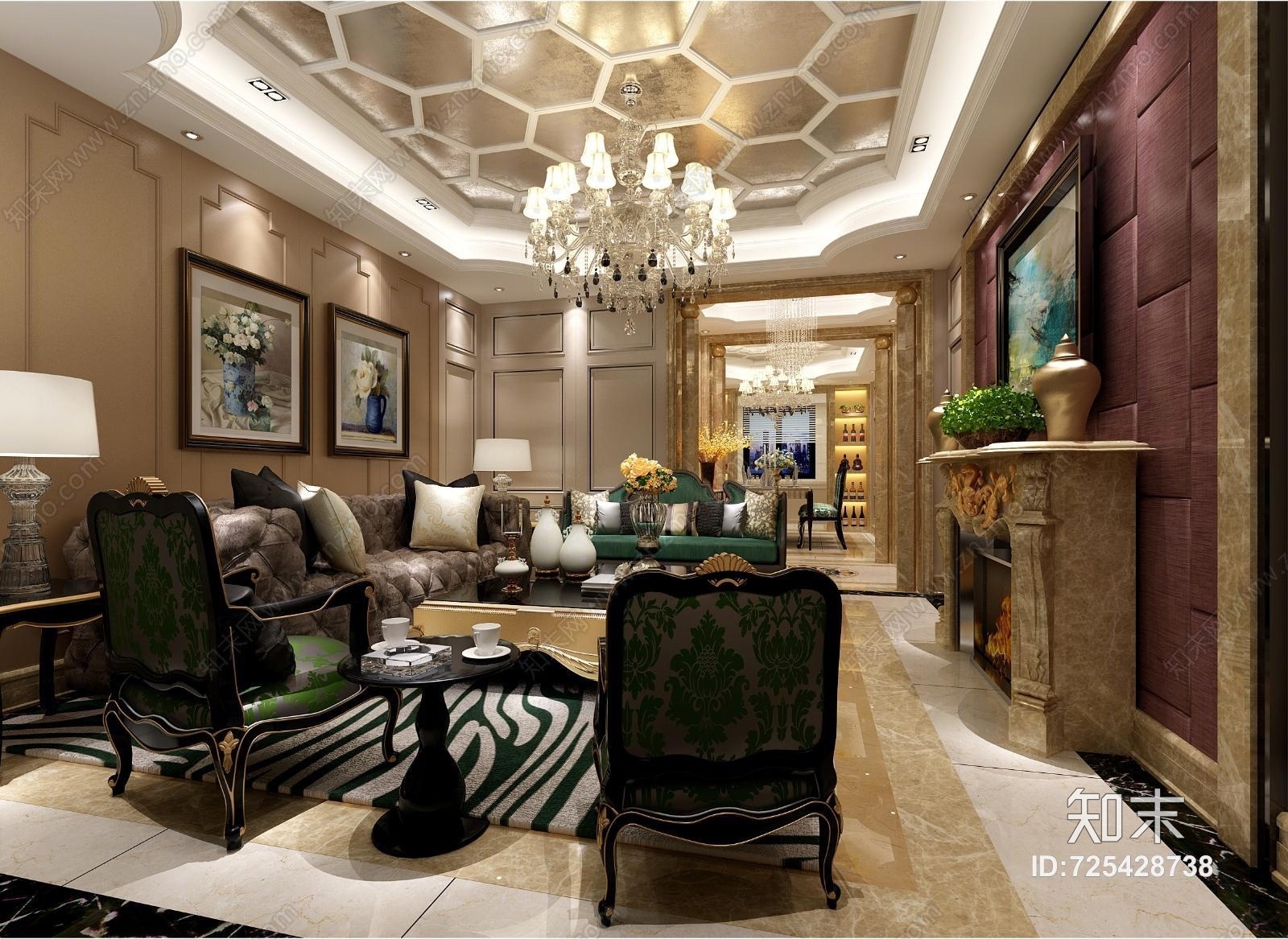 新古典中式客餐厅3D模型下载【ID:725428738】