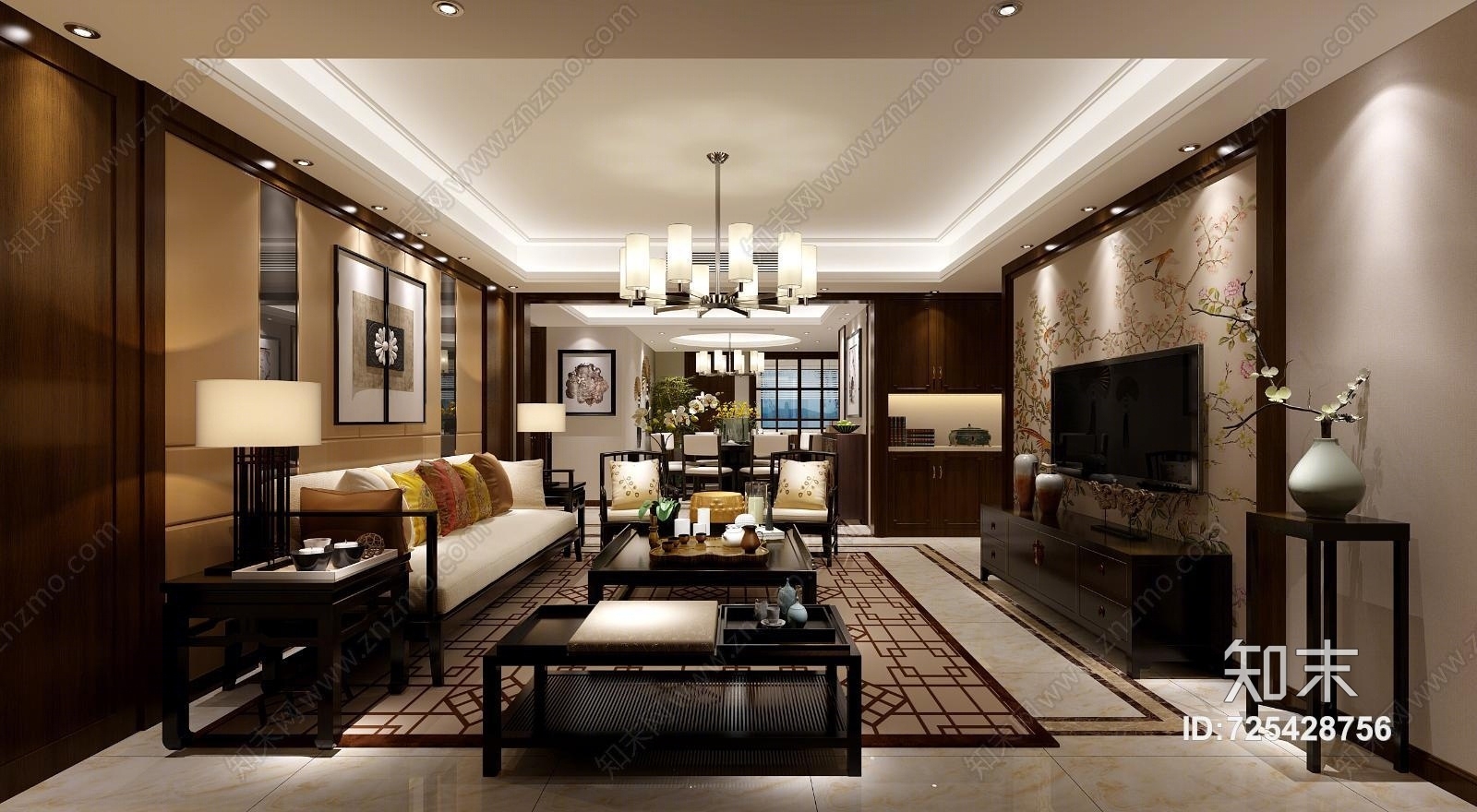 简约中式客餐厅3D模型下载【ID:725428756】