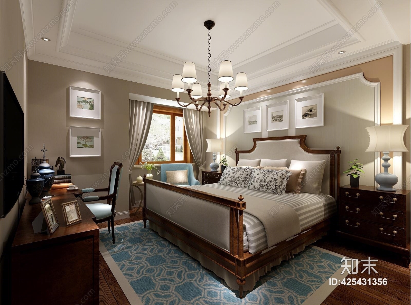 简约中式卧室3D模型下载【ID:425431356】