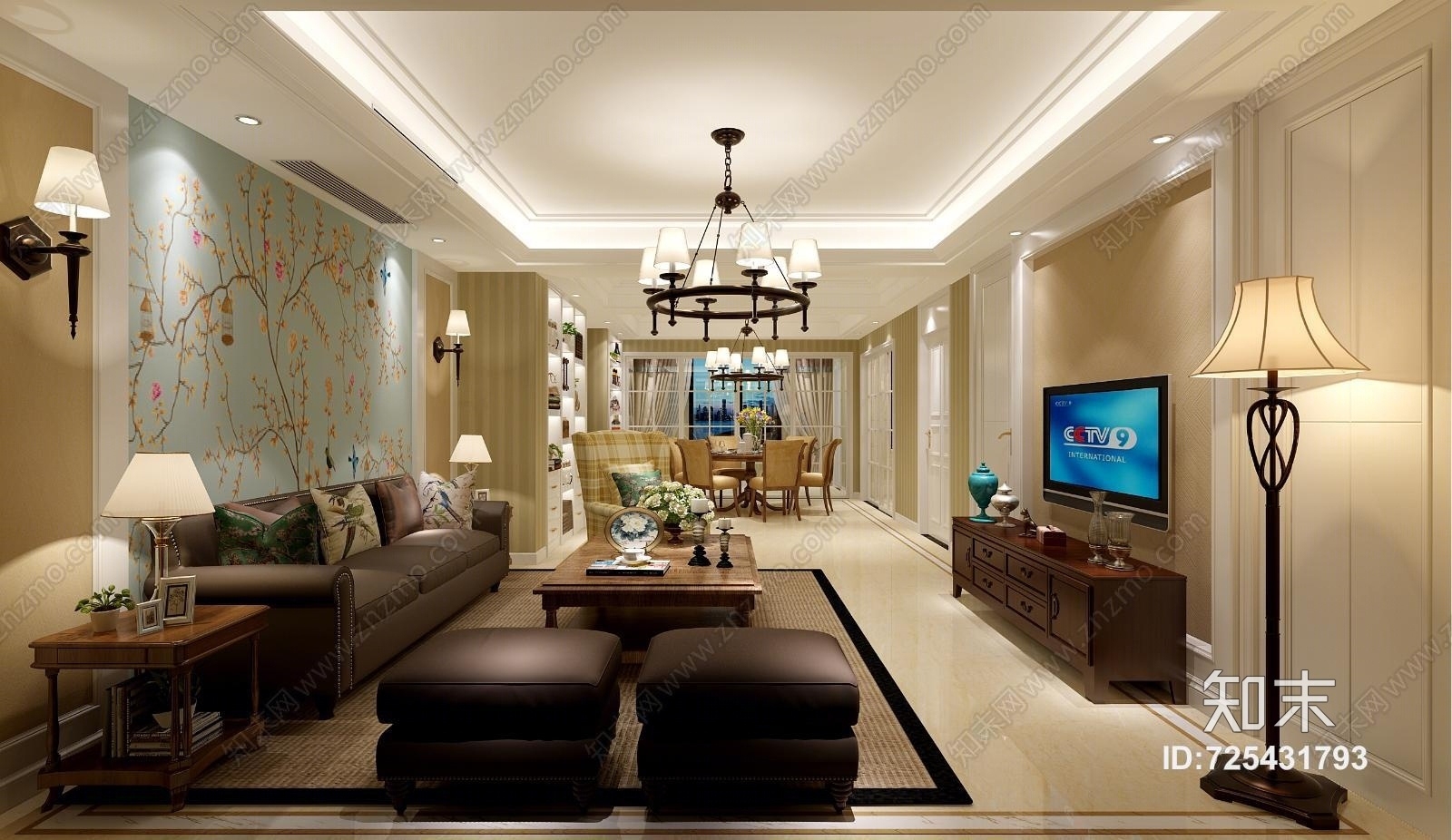 简约中式客餐厅3D模型下载【ID:725431793】