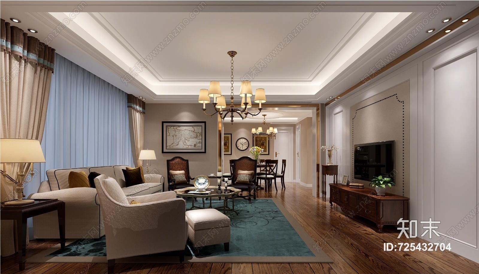 简约中式客餐厅3D模型下载【ID:725432704】