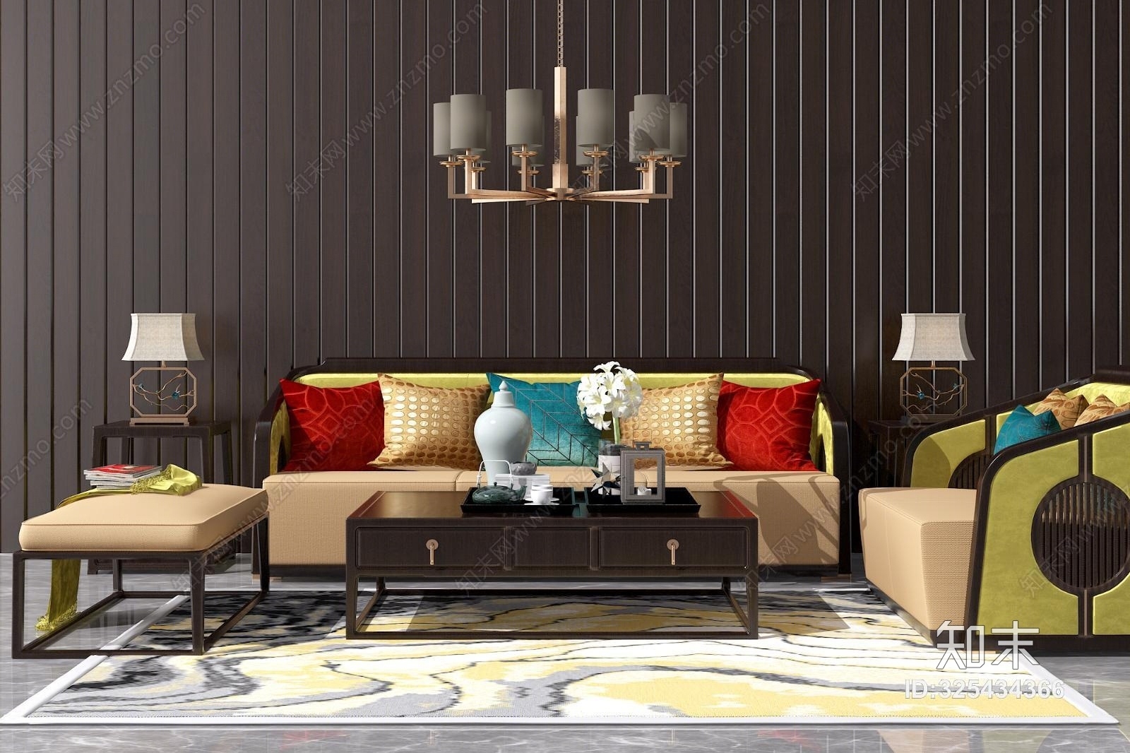 中式实木沙发茶几3D模型下载【ID:325434366】