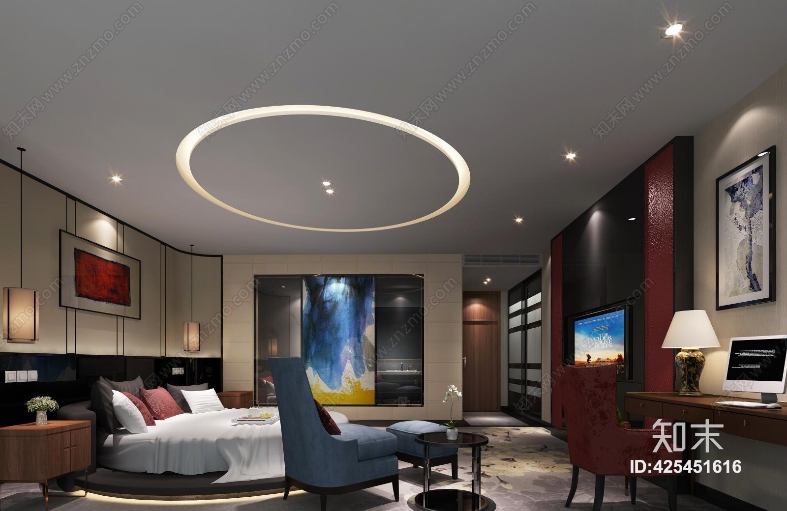 现代酒店圆床房书桌台灯床头灯3D模型下载【ID:425451616】