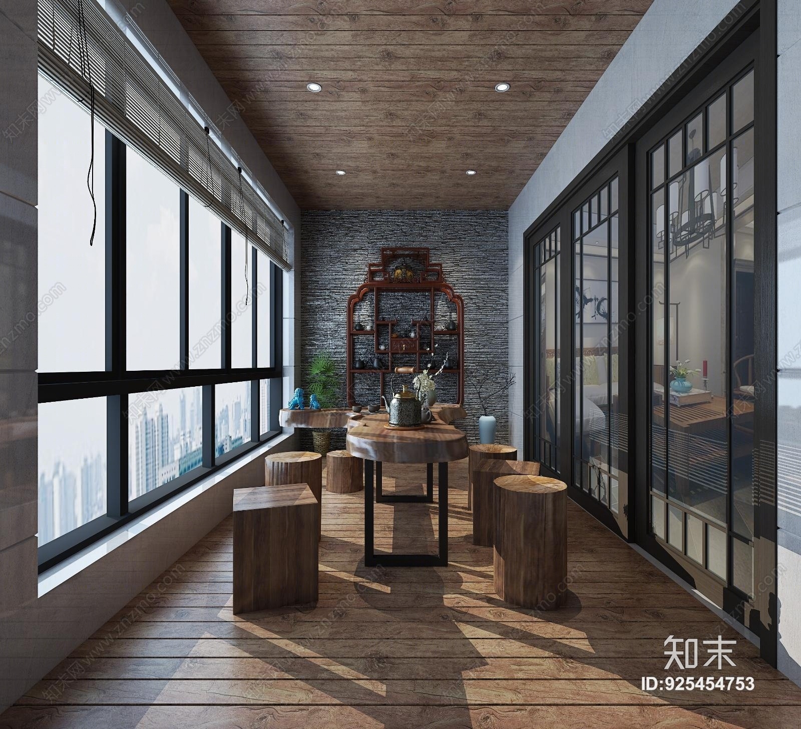 中式生活阳台品茶区3D模型下载【ID:925454753】