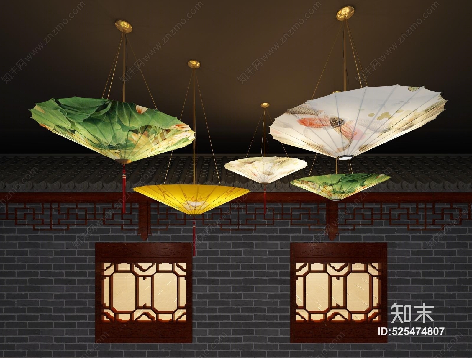 中式油纸伞灯具3D模型下载【ID:525474807】