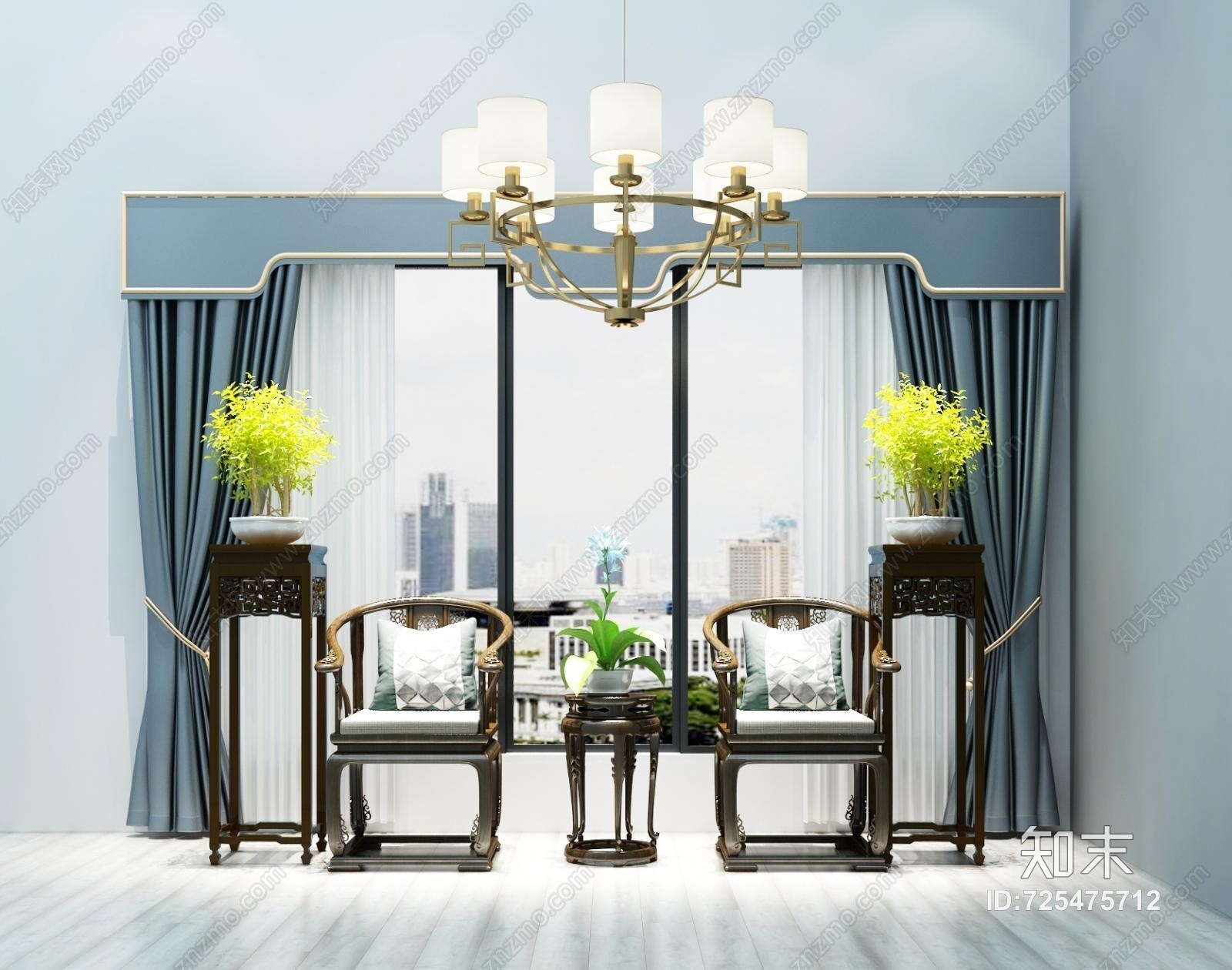 新中式窗帘3D模型下载【ID:725475712】