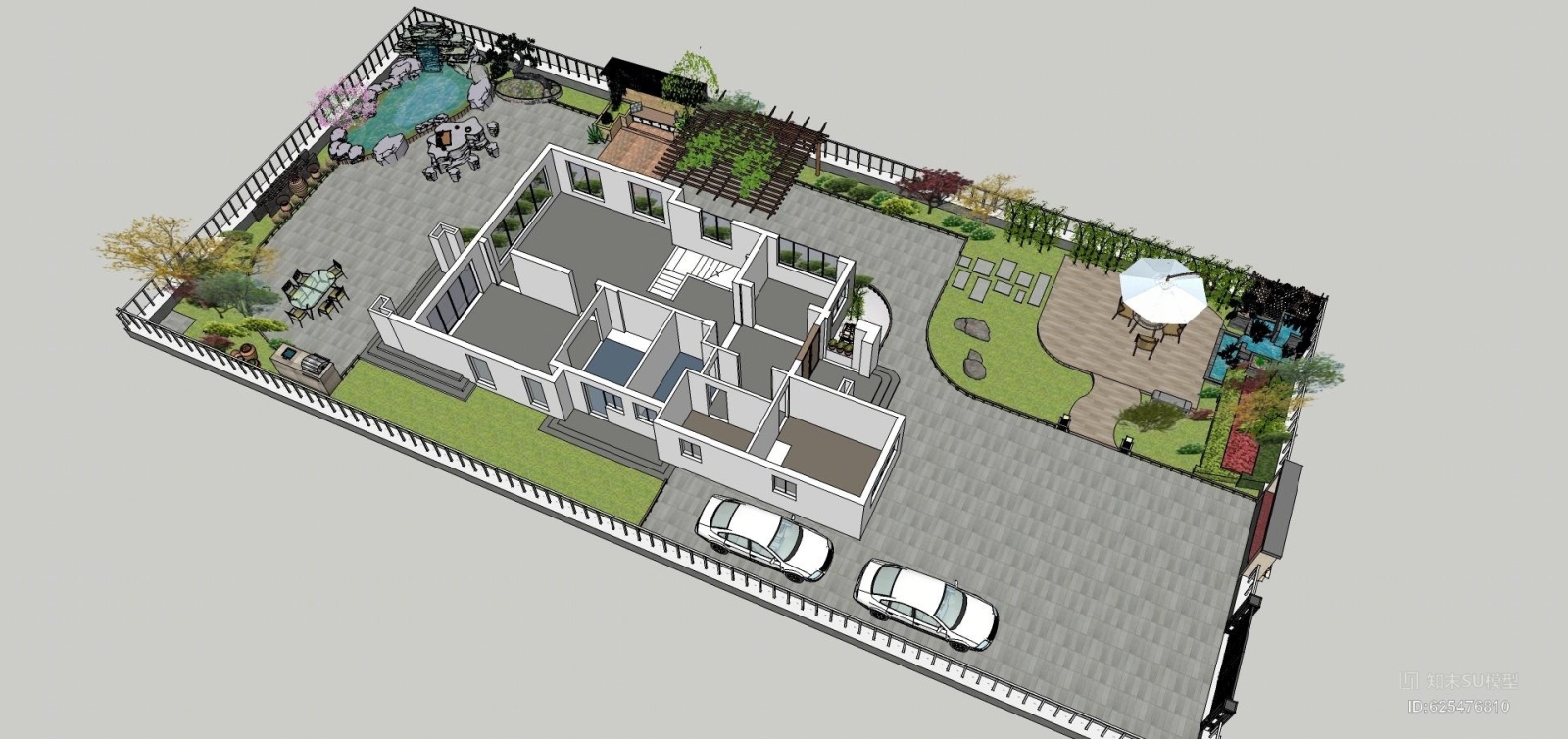 别墅花园植物假山鱼池石头花架枯山水石户外休闲椅铁门SU模型下载【ID:625476810】