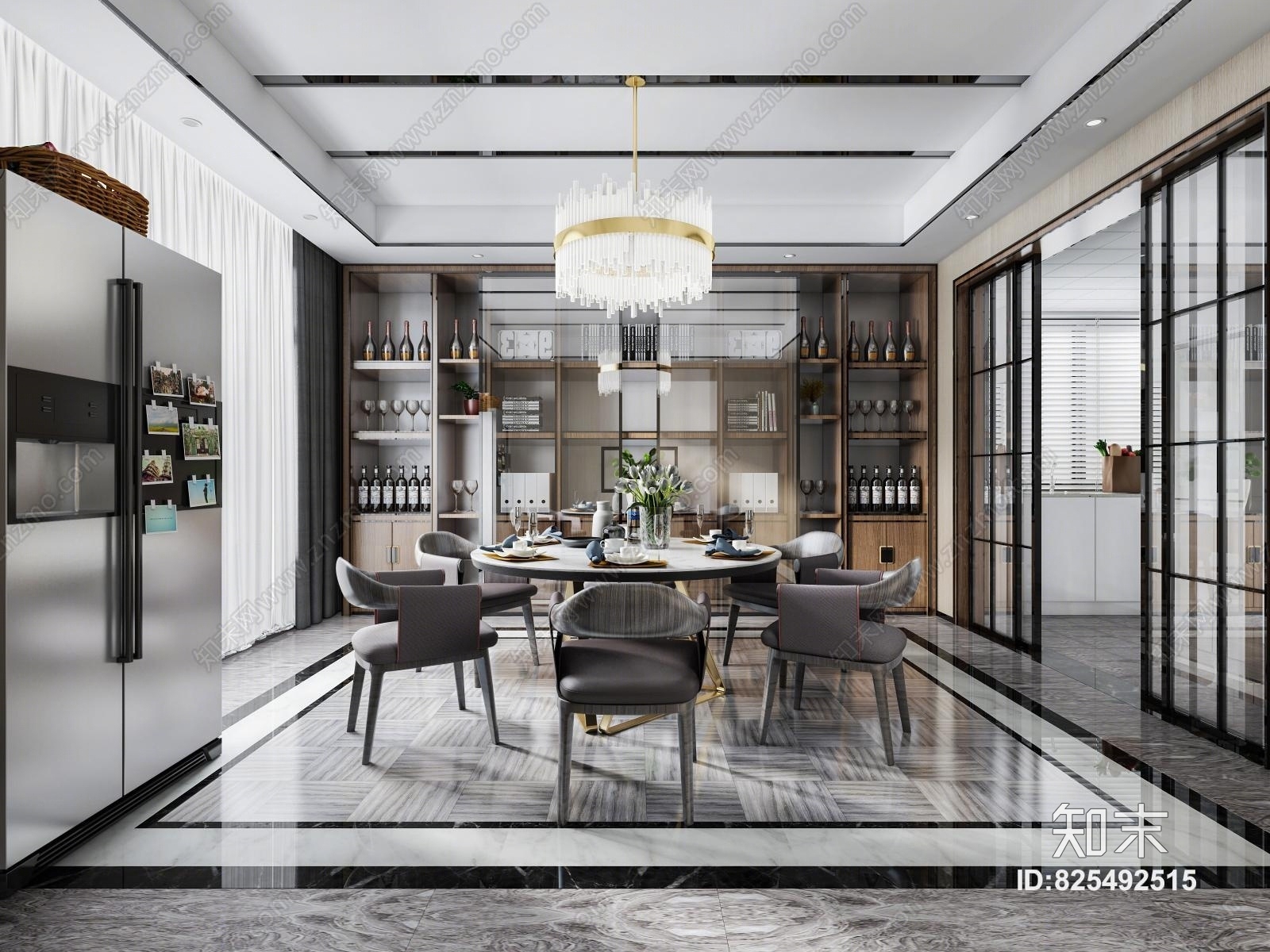 现代餐厅，吊灯，餐桌椅，冰箱，酒柜3D模型下载【ID:825492515】