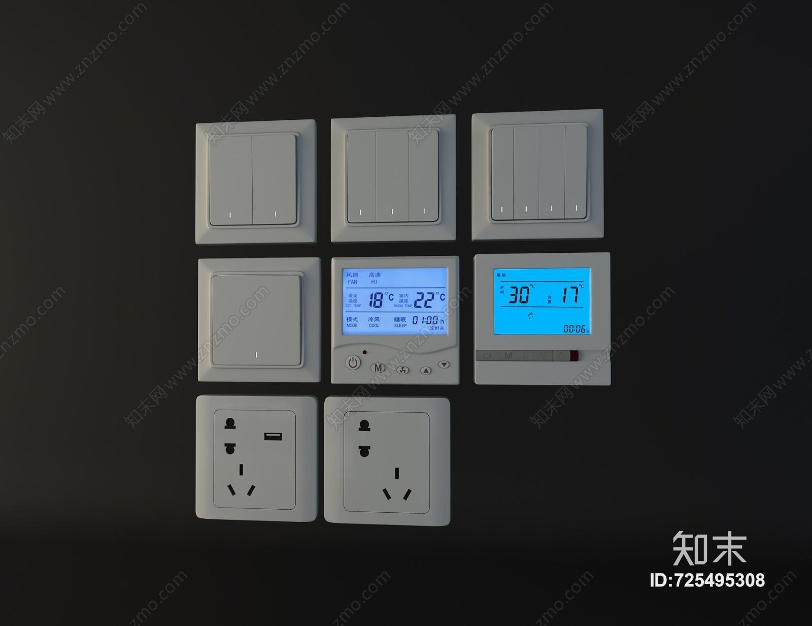 开关插座面板组合3D模型下载【ID:725495308】
