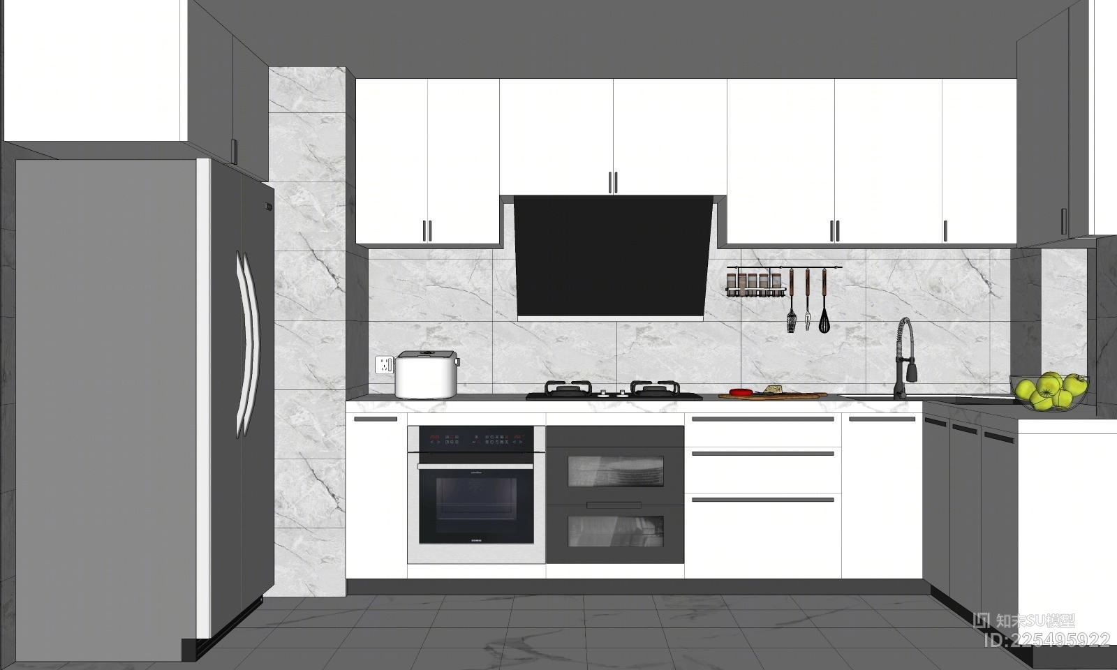 厨房橱柜吊柜拉篮调味锅洗菜盆侧吸油烟机燃气灶SU模型下载【ID:225495922】