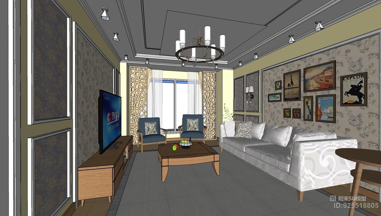 客厅包括模型灯光材质SU模型下载【ID:925518805】