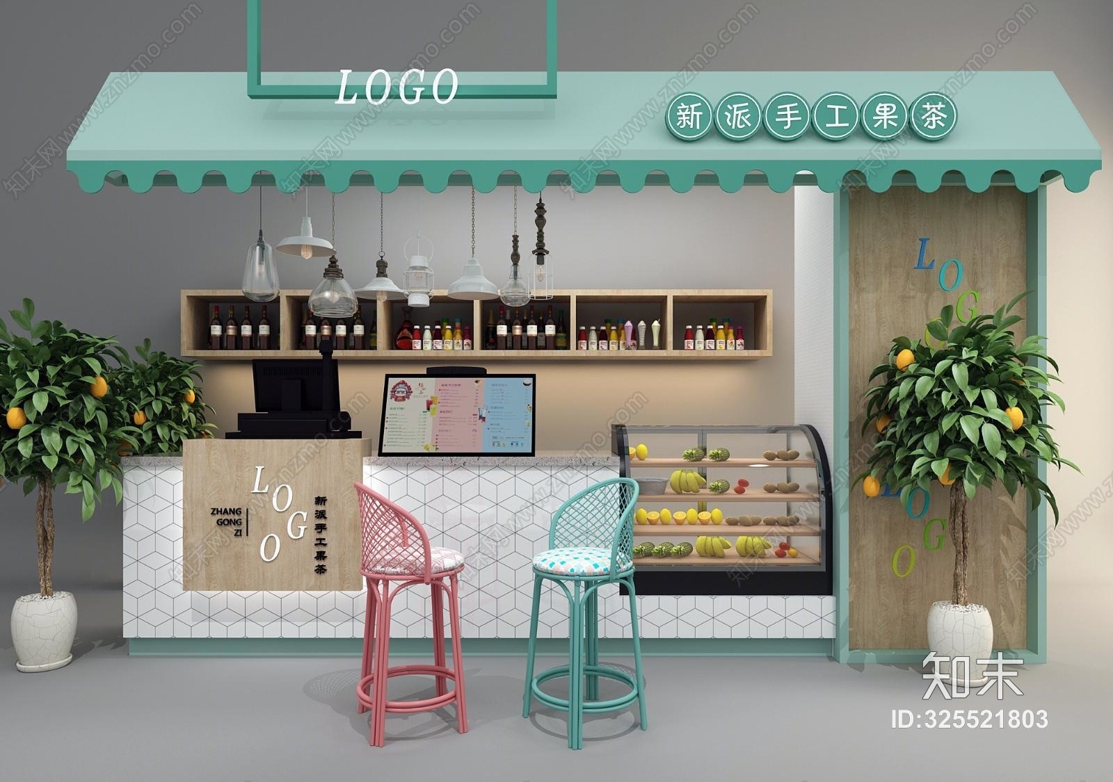 现代北欧果茶奶茶店面3D模型下载【ID:325521803】