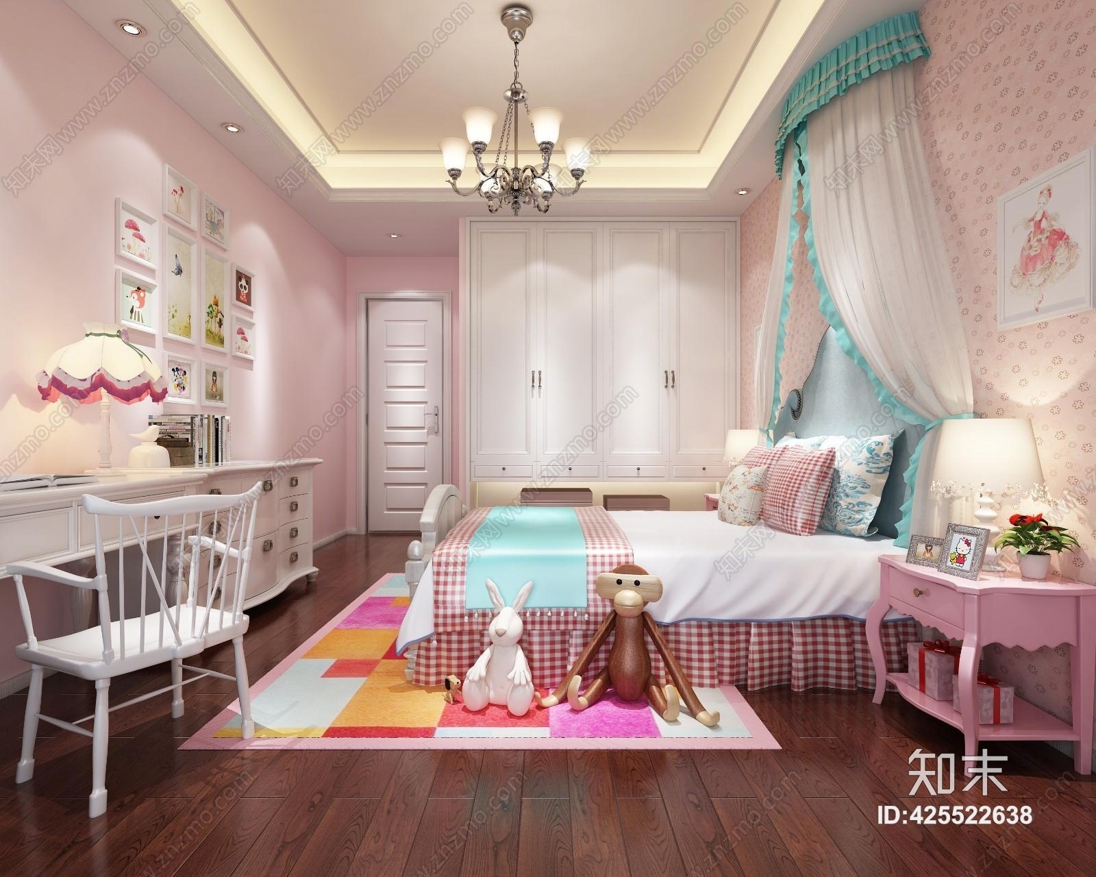 欧式简约女孩房公主房卧室3D模型下载【ID:425522638】