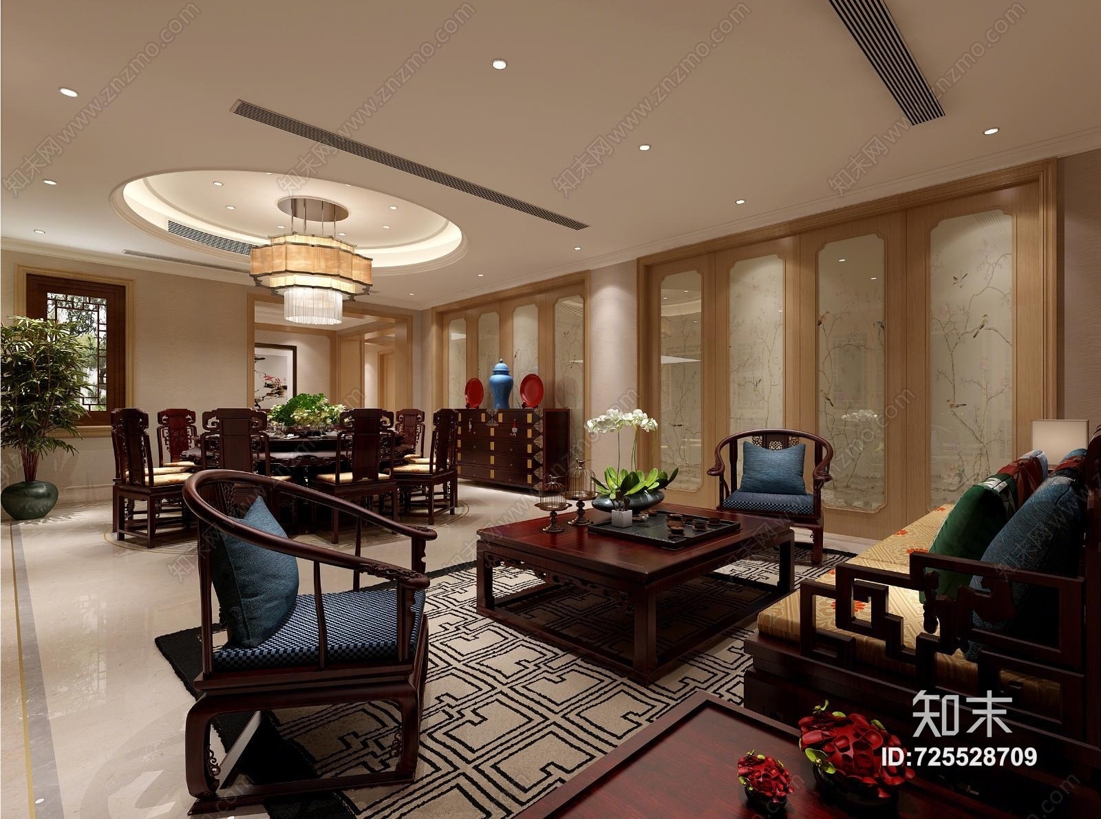 简约中式客餐厅3D模型下载【ID:725528709】