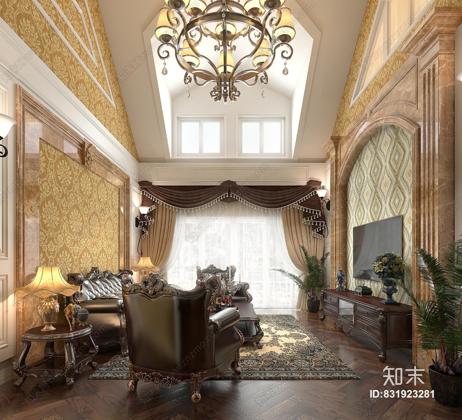 美式客厅,复式客厅,美式背景墙,3D模型下载【ID:831923281】