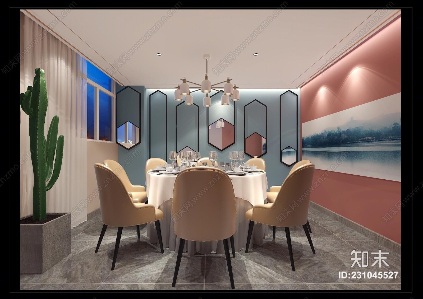 北欧现代北欧简约餐厅包厢包房仙人掌植物3D模型下载【ID:231045527】