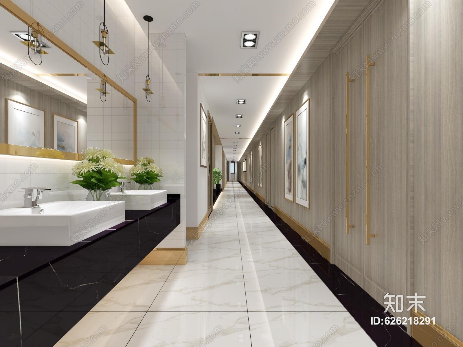 新中式室内办公室过道3D模型下载【ID:626218291】