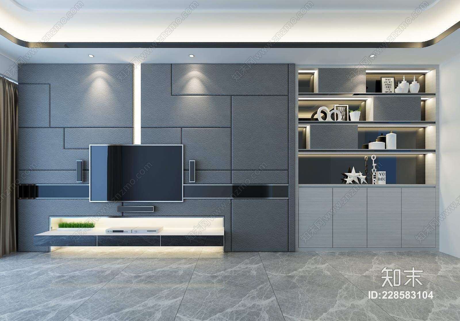 现代客厅现代电视墙装饰柜灰色软包3D模型下载【ID:228583104】