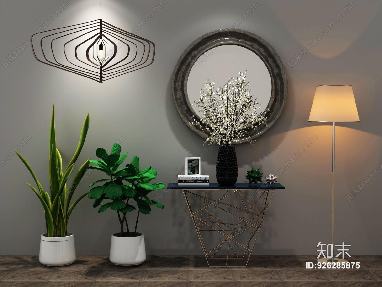 工业风边柜墙饰绿植落地灯组合3D模型下载【ID:926285875】