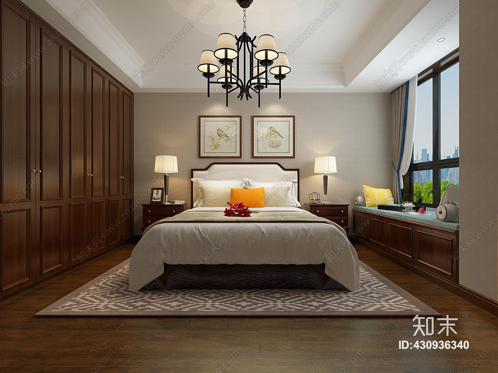 美式古典美式主卧次卧吊灯美式床3D模型下载【ID:430936340】