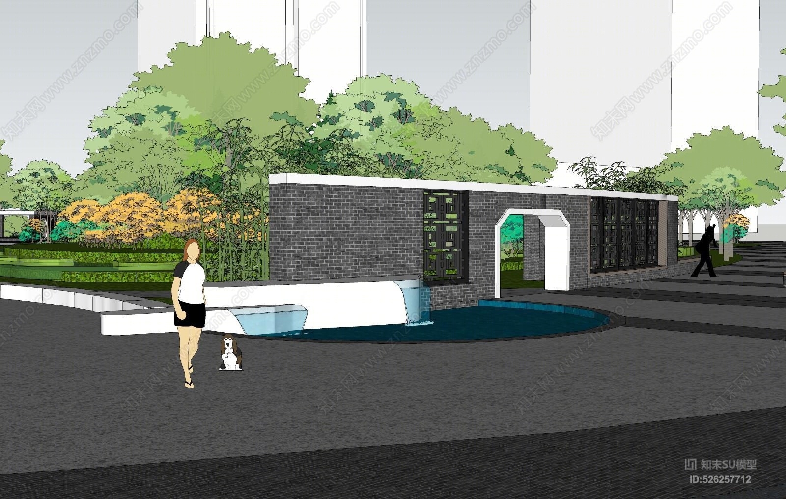 小区休闲广场公园水景滨水中式风格SU模型下载【ID:526257712】
