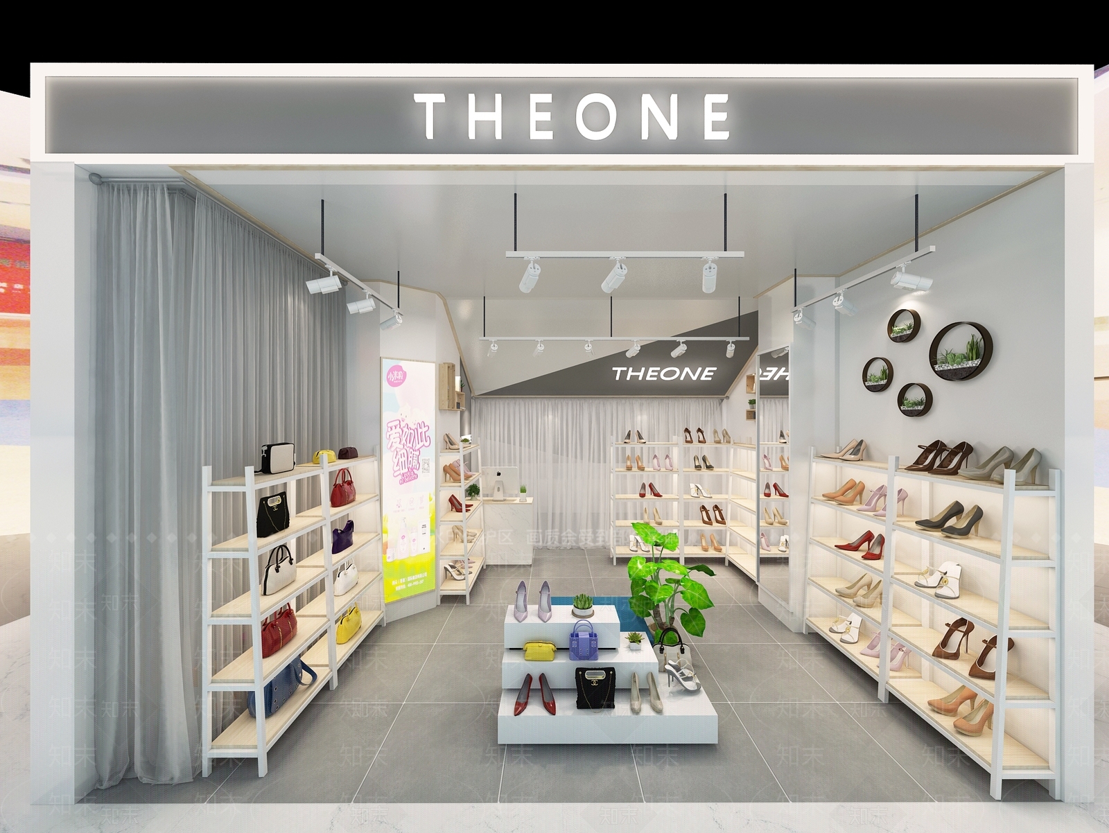 现代女鞋店鞋子包包鞋架展示柜前台镜子窗帘墙饰门头3D模型下载【ID:732476735】