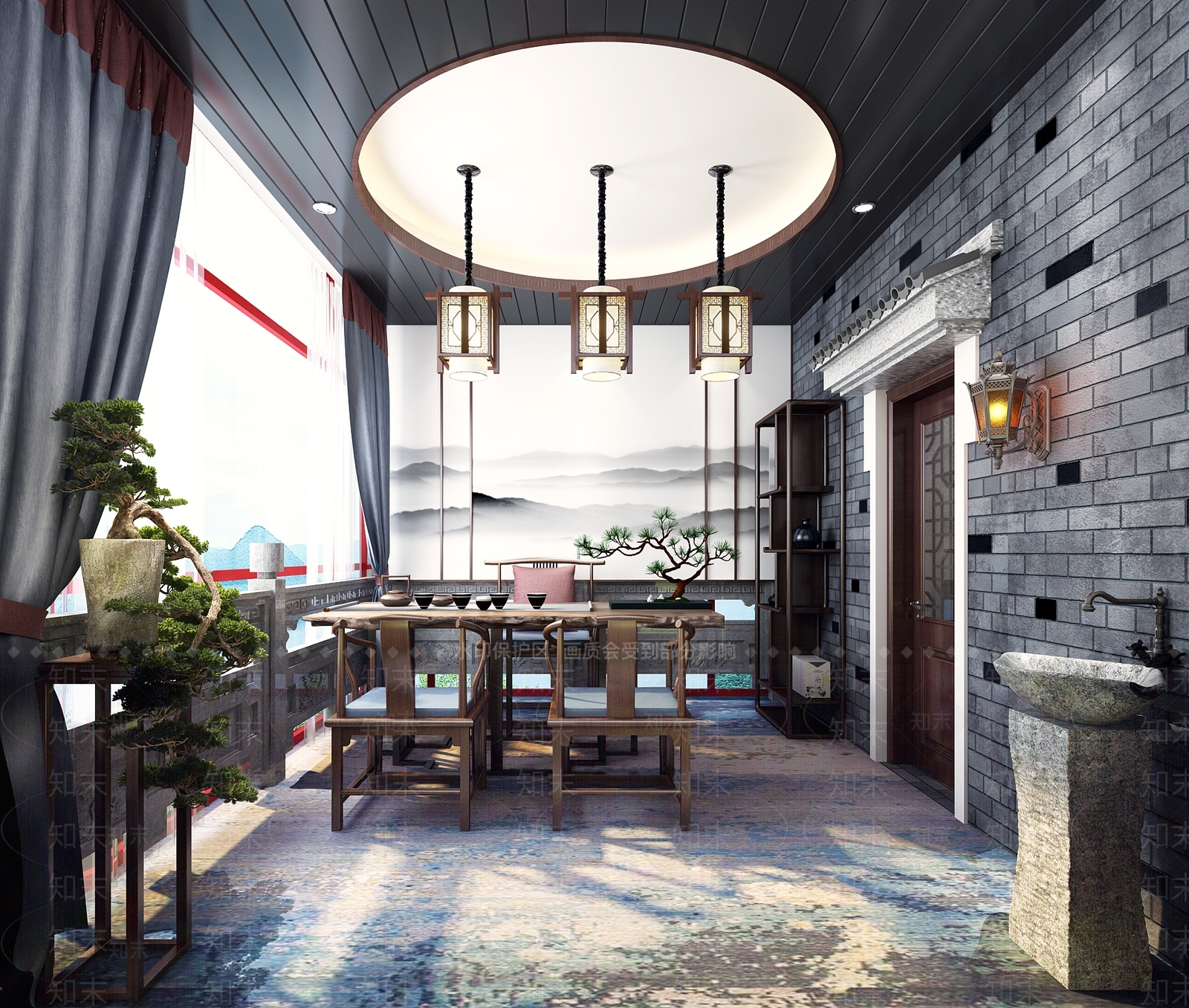 新中式茶室茶几吊灯3D模型下载【ID:132452970】