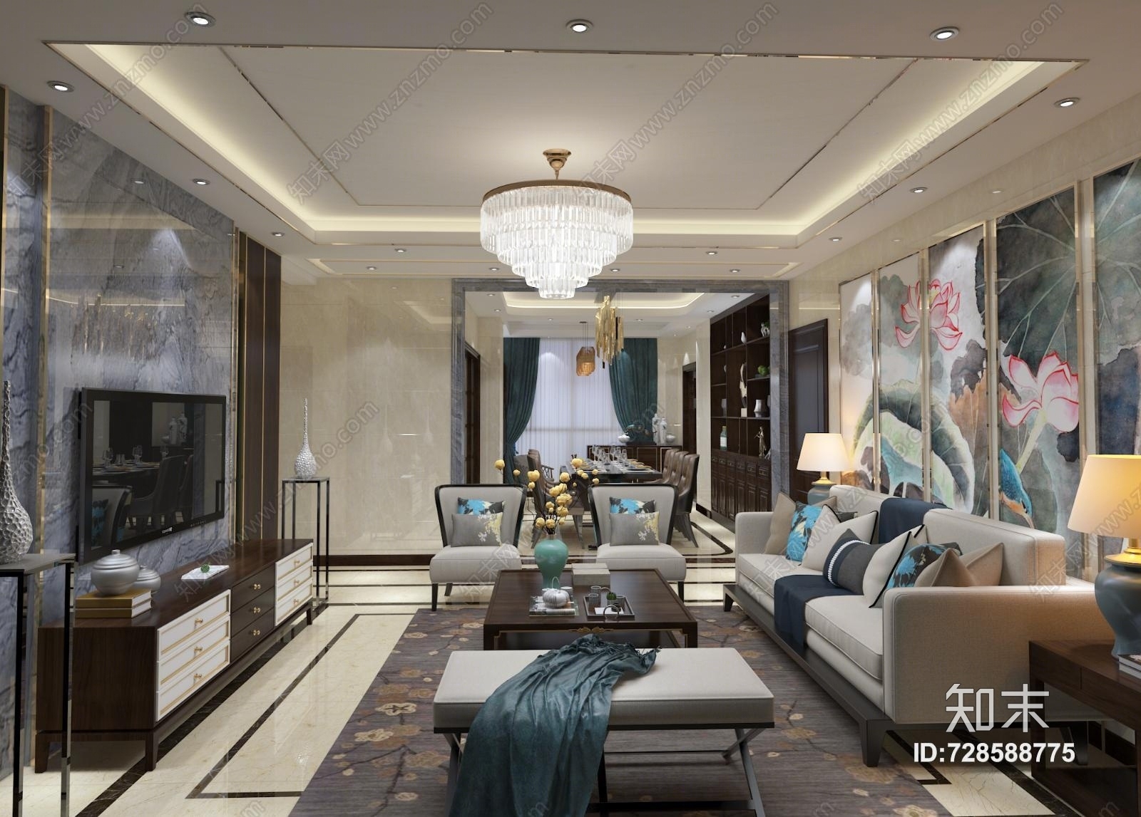 新中式客厅餐厅3D模型下载【ID:728588775】_知末3d模型网