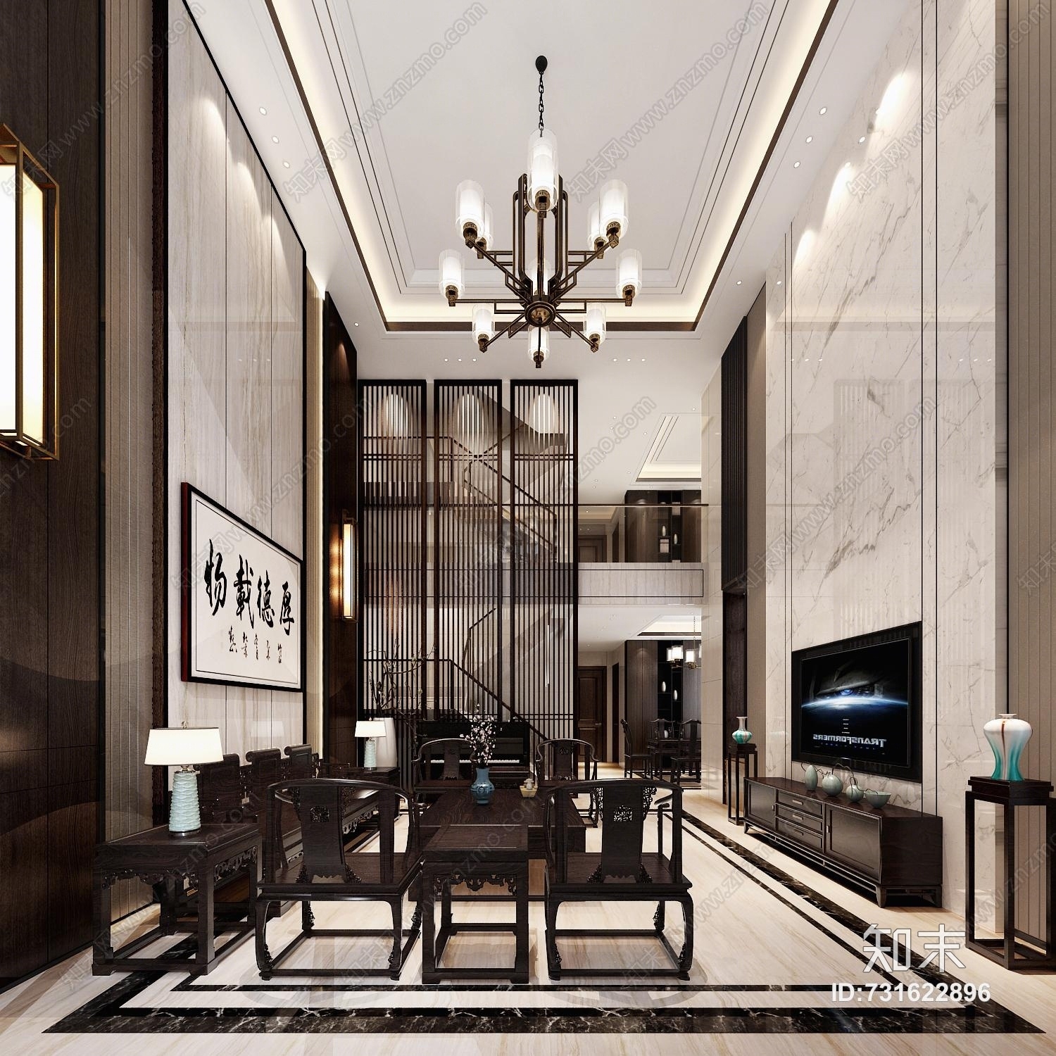 新中式别墅客厅中式沙发组合3D模型下载【ID:731622896】