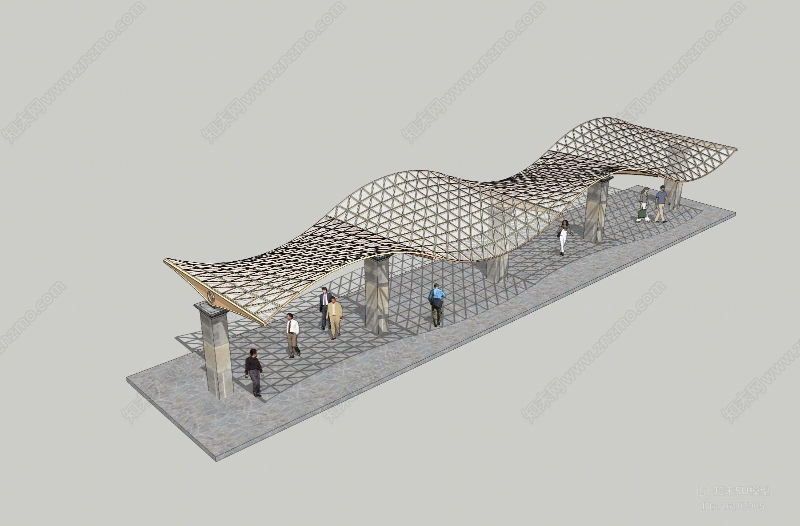 现代风格张拉膜公交车候车厅SU模型下载【ID:126107905】