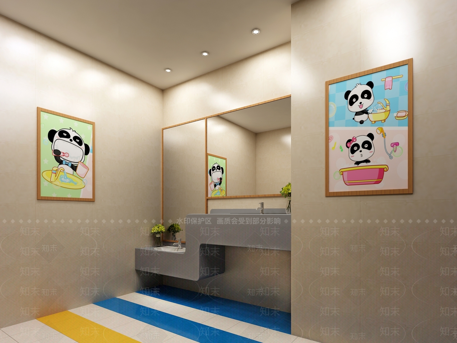 现代幼儿园卫生间洗手区可爱壁画镜子3D模型下载【ID:132294188】