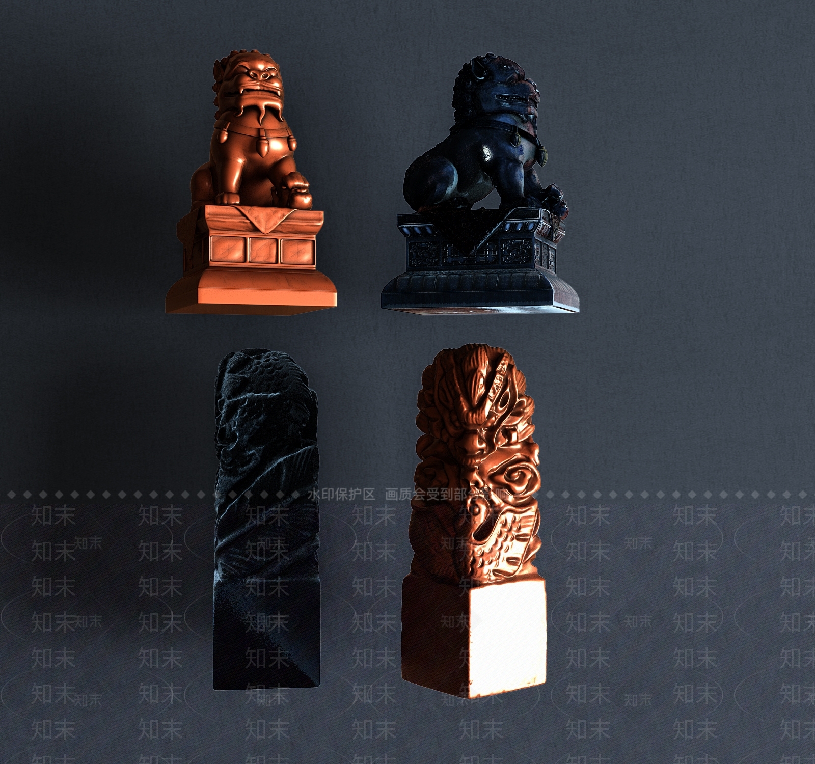 新中式精致狮子龙凤印章3D模型下载【ID:632221641】