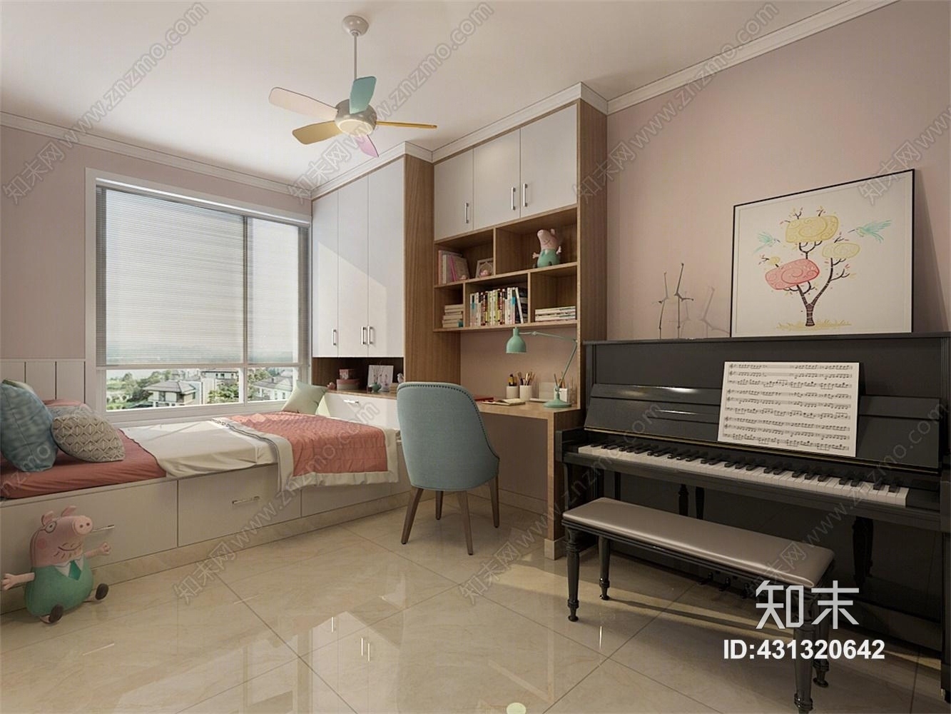 其它北欧卧室儿童房女孩房榻榻米衣柜书桌钢琴电扇吊灯3D模型下载【ID:431320642】