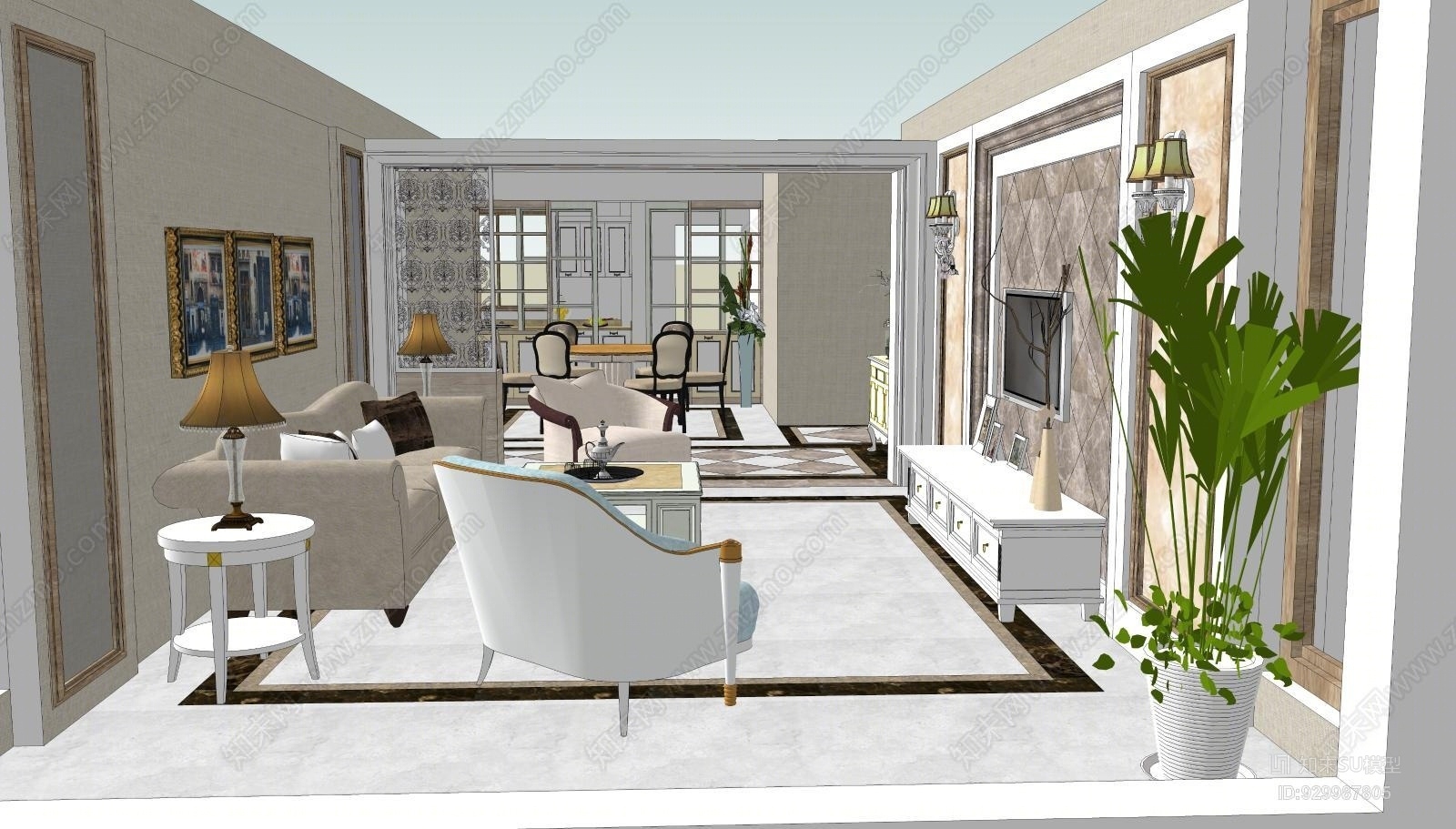 欧简室内精装模型SU模型下载【ID:929987805】