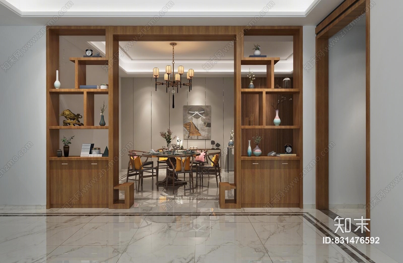 新中式餐厅餐桌柜子博古架吊灯背景摆件挂画花瓶餐具3D模型下载【ID:831476592】