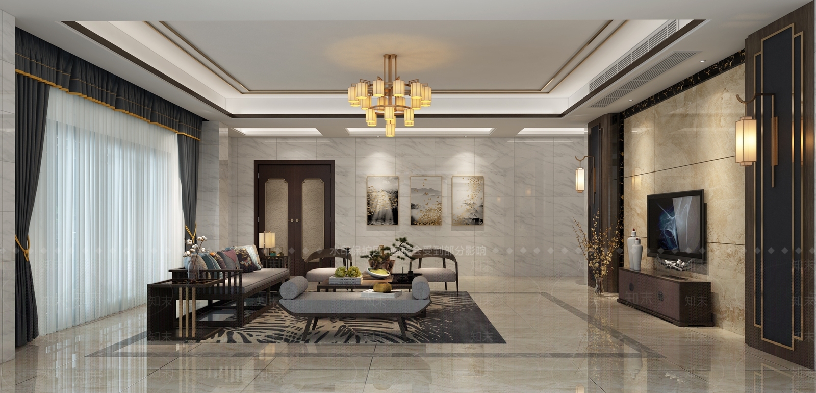 新中式客厅背景沙发窗帘画电视柜吊灯台灯边几摆件花瓶壁灯沙发凳3D模型下载【ID:732461755】