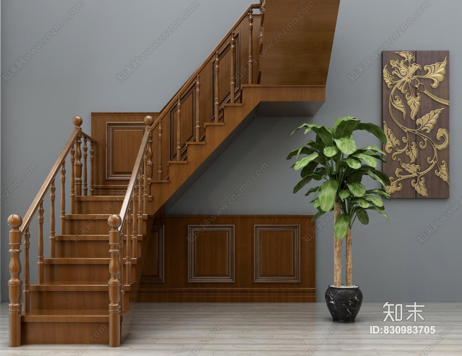 新中式楼梯扶手栏杆护墙板挂画盆栽组合3D模型下载【ID:830983705】