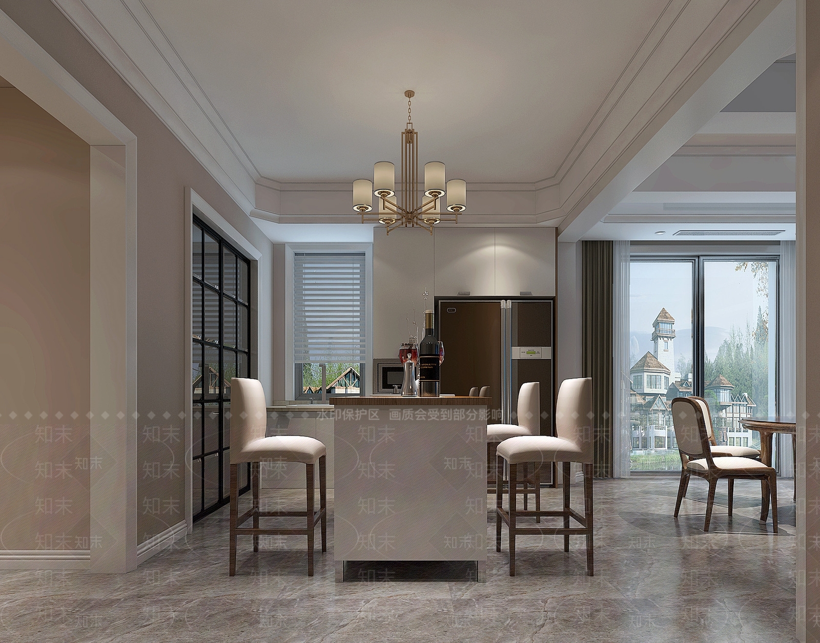 现代西厨吧台吧椅吊灯移门3D模型下载【ID:532732174】