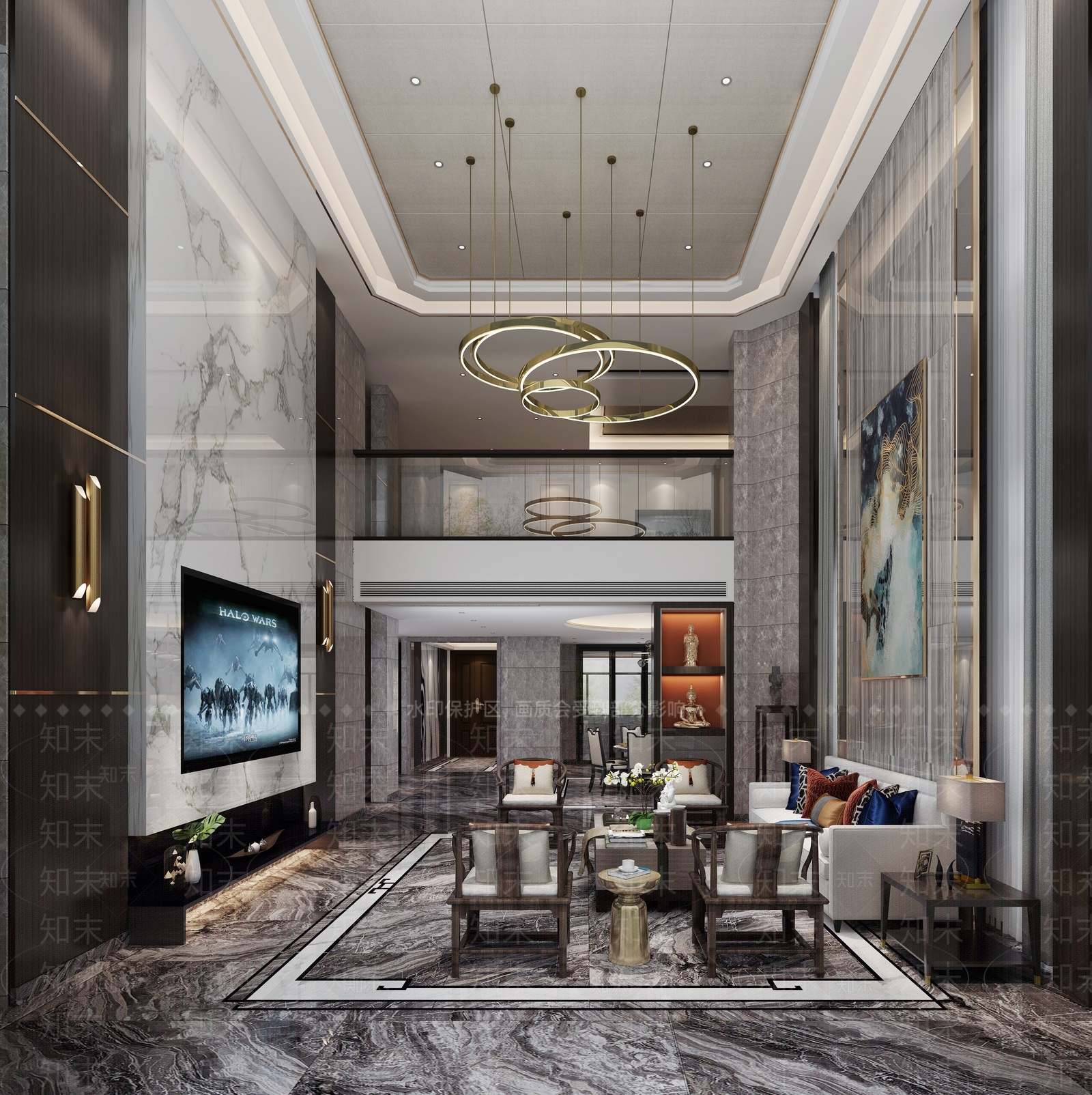 新中式别墅客厅模型3D模型下载【ID:734388809】