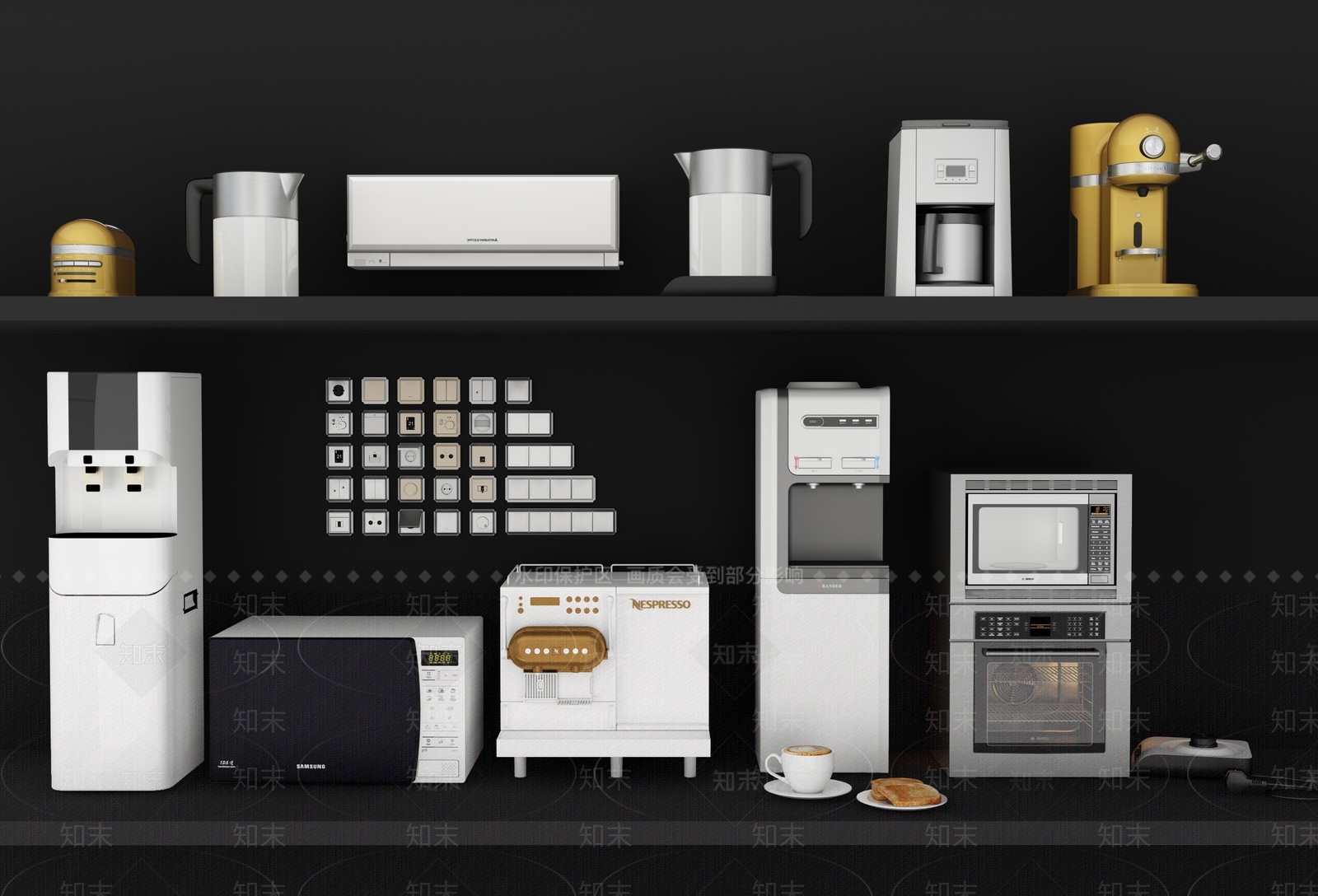 现代厨房电器热水器空调净水机组合3D模型下载【ID:932985165】