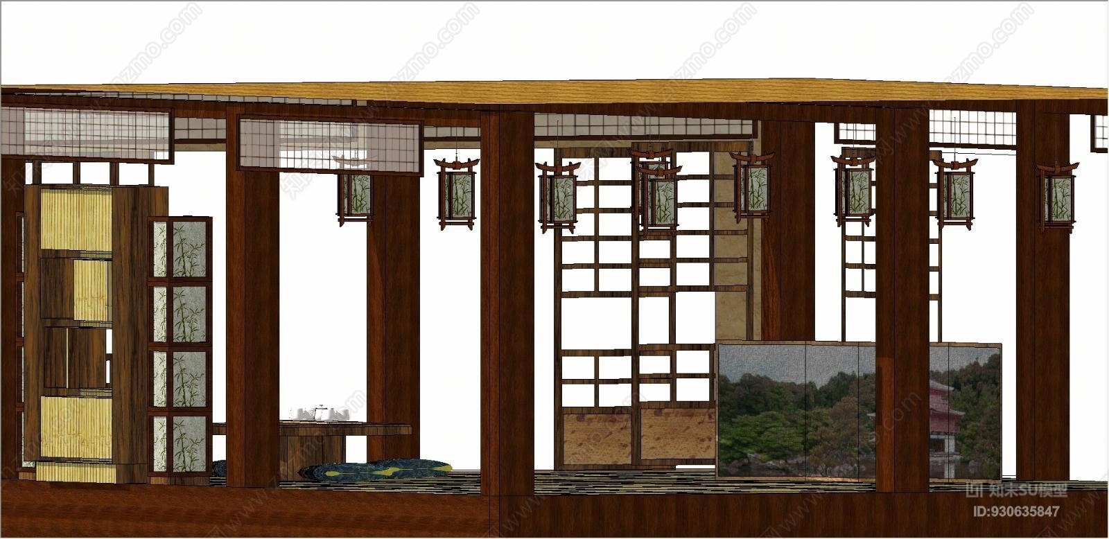 日式枯山水景观滑动门SU模型下载【ID:930635847】