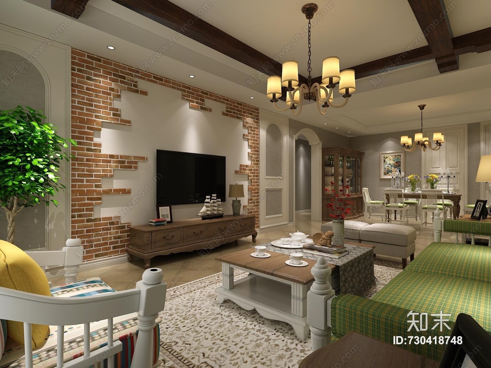 美式田园美式客厅3D模型下载【ID:730418748】