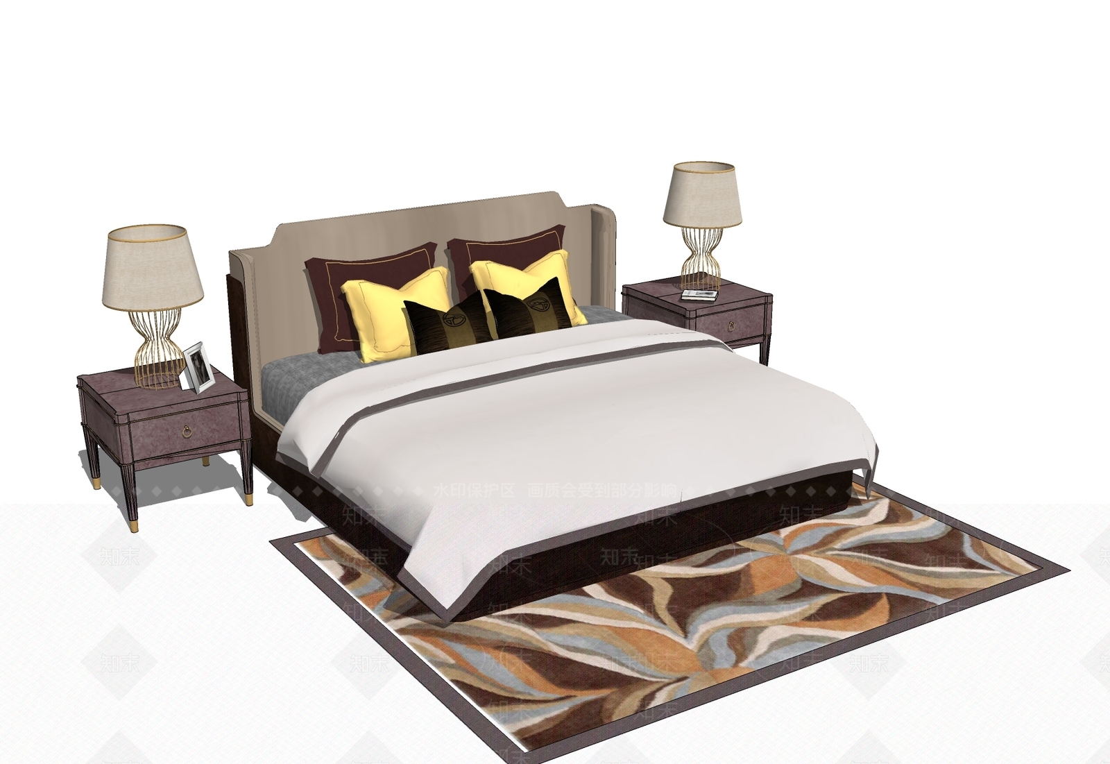 简欧双人床组合家具SU模型下载【ID:533065265】